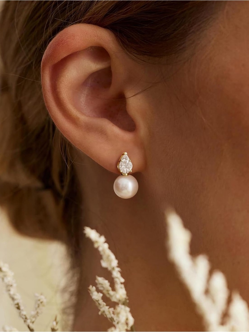 14K Gold Plated Teardrop CZ Crystal and White Pearl Drop Earrings